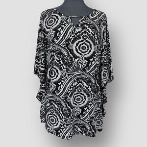 Nina Leonard Women’s Dolman Tunic Top M Black White Paisley Keyhole Neck Stretch